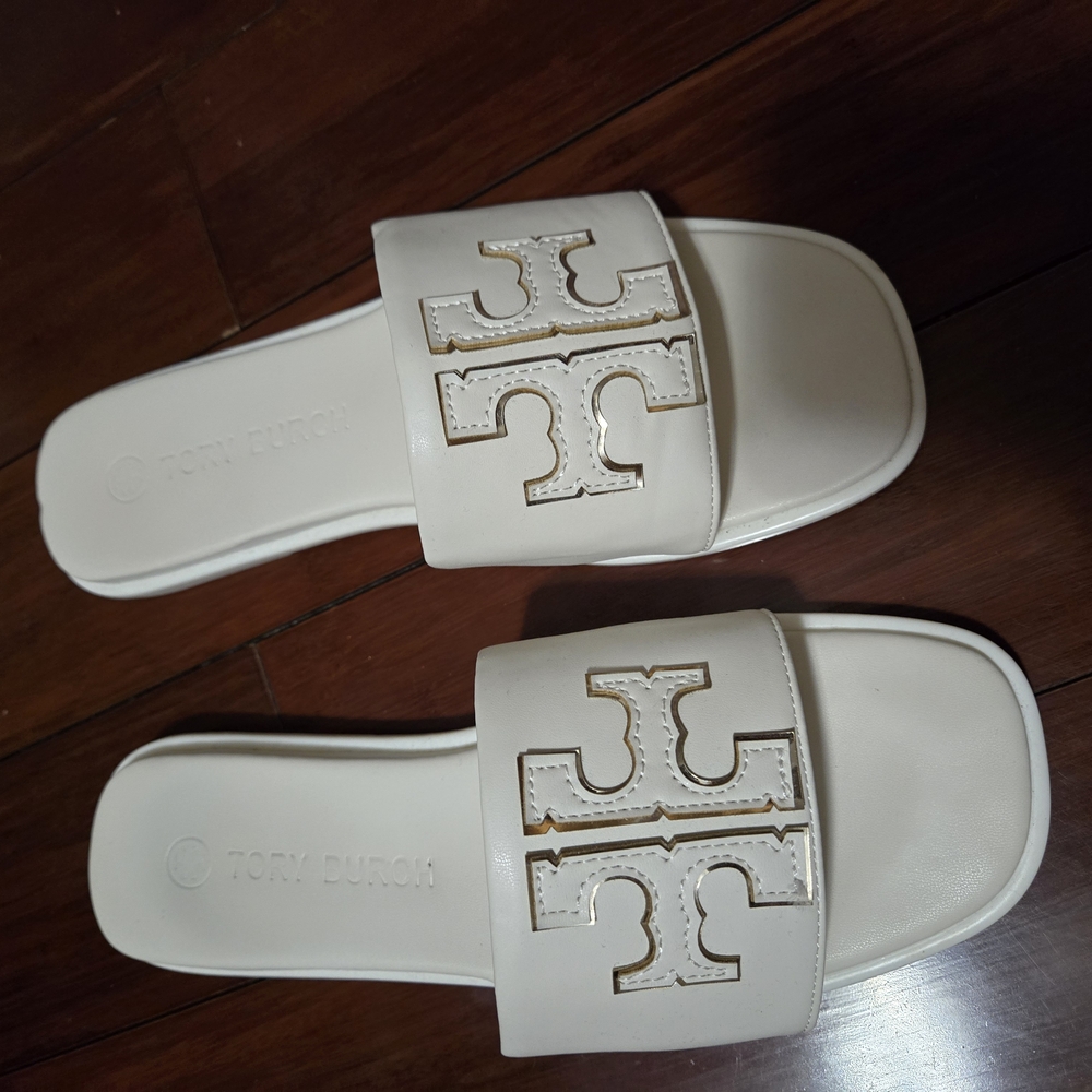Tory Burch White/Gold Slide Sandals